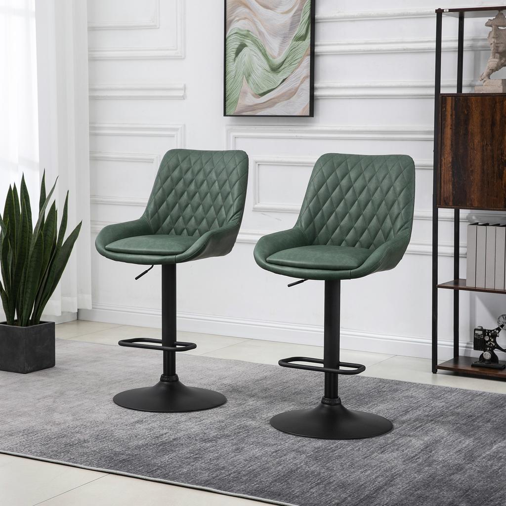 Retro Bar Stools Set of 2, Adjustable Kitchen Stool, Upholstered Bar Chairs with Back, Swivel Seat, Green