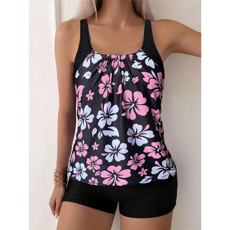 Floral Printed Tankini Set Two Piece Swimsuit Short Women Straped Swimwear Female Bathing Suit Beachwear Swimming Summer