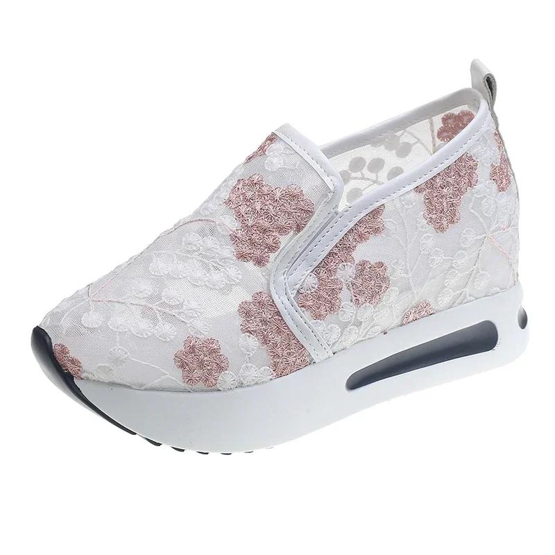 Flower Embroidery Platform Sneakers for Women Sli On Breathable Mesh Casual Shoes Woman Spring Summer Thick Sole Loafers Female