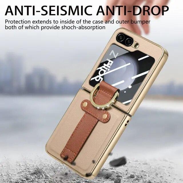 Anti-Knock Portable Bling Ring Case for Samsung Galaxy Z Flip 5 Flip4 Flip5 Flip 4 5G Leather Cell Phone Cover Glass Film