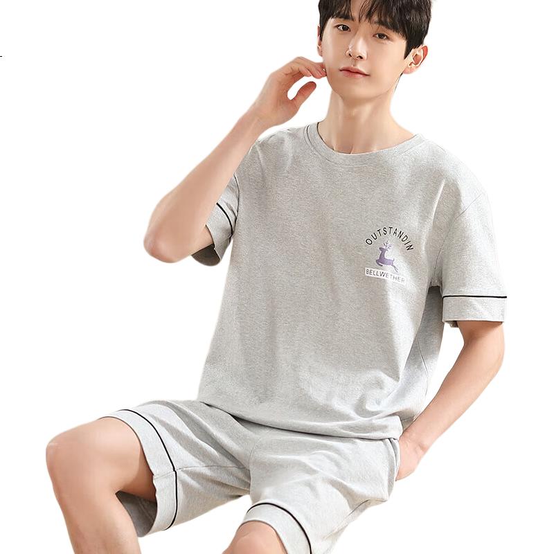 Yiershuang Men's Pajamas, Summer Thin Cotton Pullover Short-Sleeve Shorts, Loose Casual Printed Loungewear Set, Suitable for Outdoor Wear