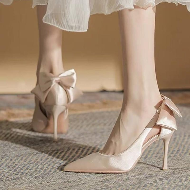 Fashion 2025 Women's Fashion Pointy Shallow Mouth Satin Back Butterfly Knot Set Foot Anti-slip Wear-resistant Heels Thin Heel Shoes