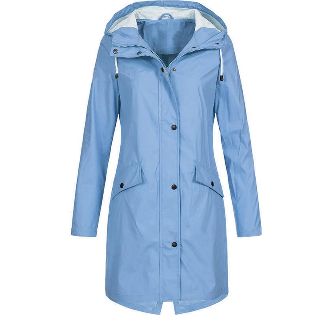 Women Solid Rain Outdoor Plus Size Hooded Raincoat Windproof Long Jacket Coat