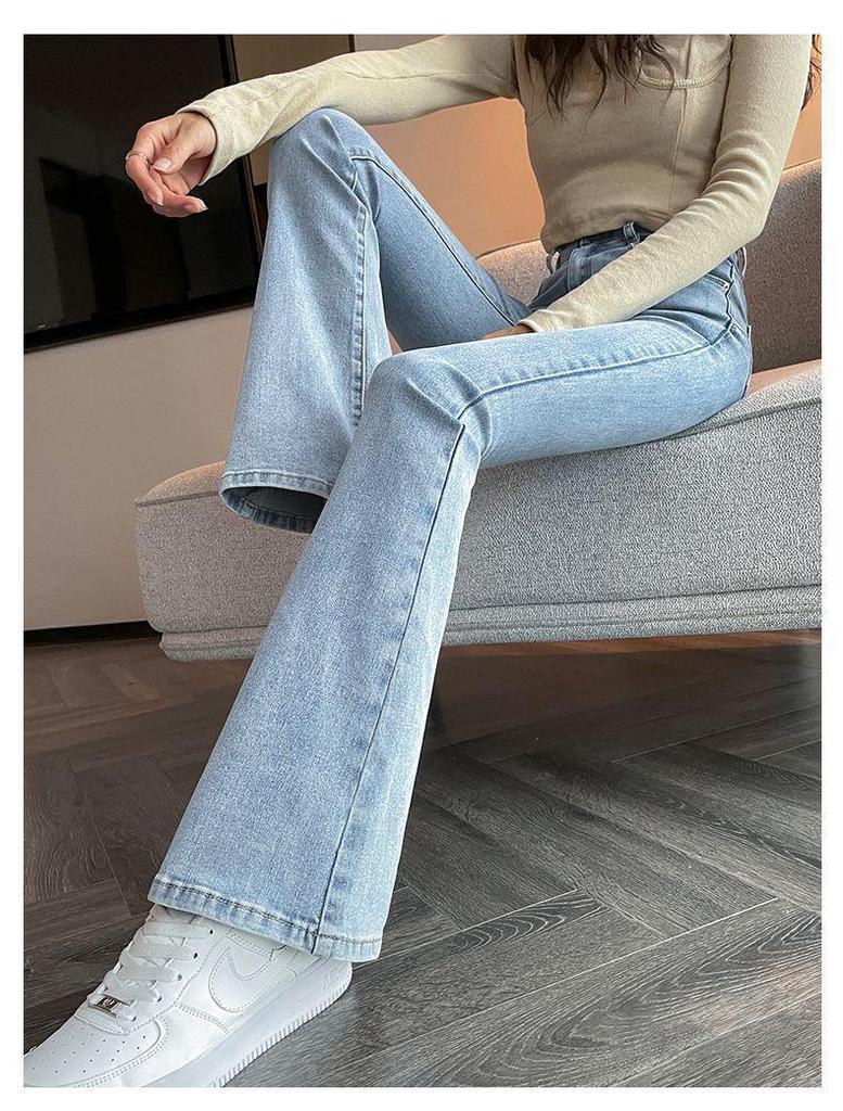 Blaugraue Schlagjeans mit hoher Taille für Damen – schlankmachend, elastisch, kleine Größe, Herbst-/Winter-Stil