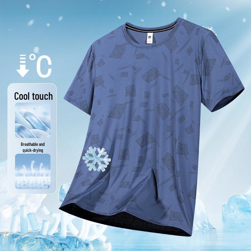 

Men s Summer Ice Silk Quick-Dry Mesh T-Shirt - Breathable, Lightweight, Round Neck, Short Sleeve, Casual Sports Top, Loose Fit, Plus Size 2XL синий