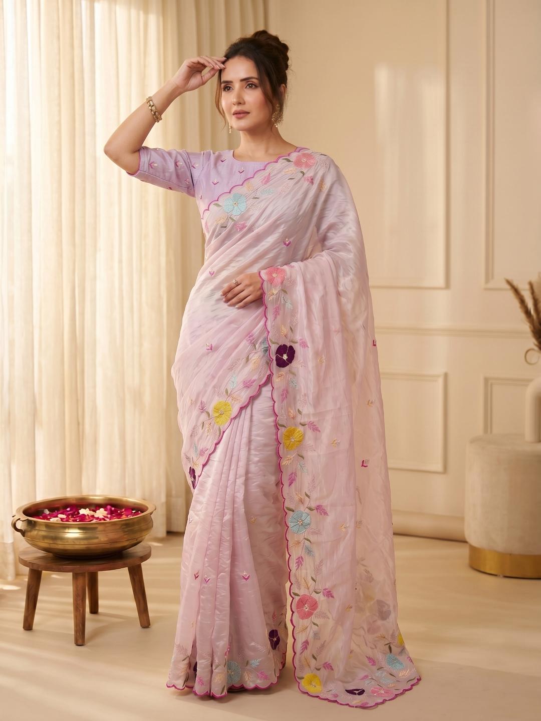 Soft Organza Saree with Sequins Embroidery | Designer Party Wear Saree | Embroidered Border Saree | Wedding Festive Indian Saree Free Size
