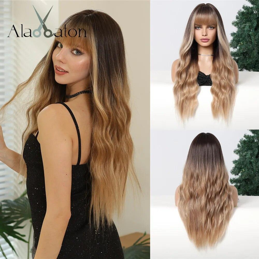 

ALAN EATON Long Wavy Wigs with Bangs for Women Ombre Brown to Blonde Wig Dark Roots Синтетичні термостійкі перуки для щоденного використання