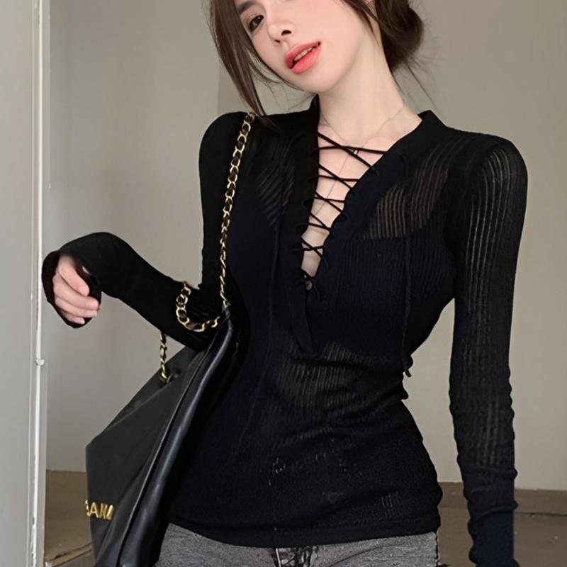 

Корейский винтажный V-образный вырез на шнуровке с длинным рукавом тонкий облегающий трикотажный топ для женщин чёрный