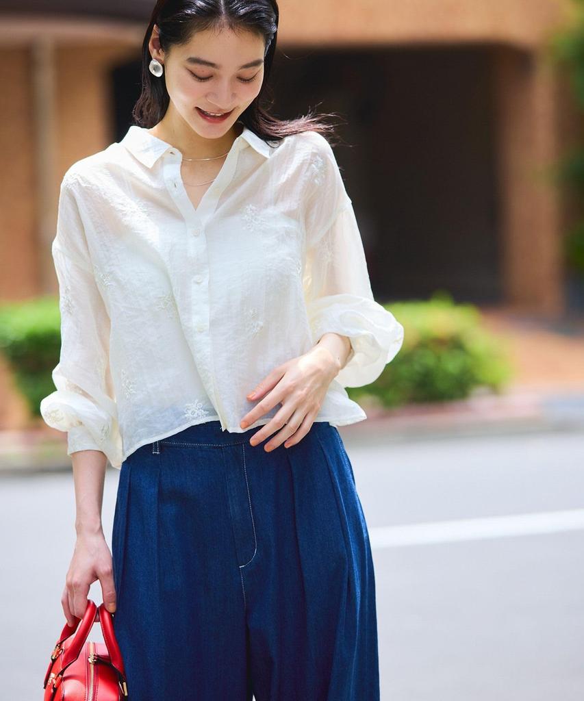 Blouse Floral Embroidered Shiny Sheer Blouse for White [BIS] [WEB Exclusive] Women, (11)