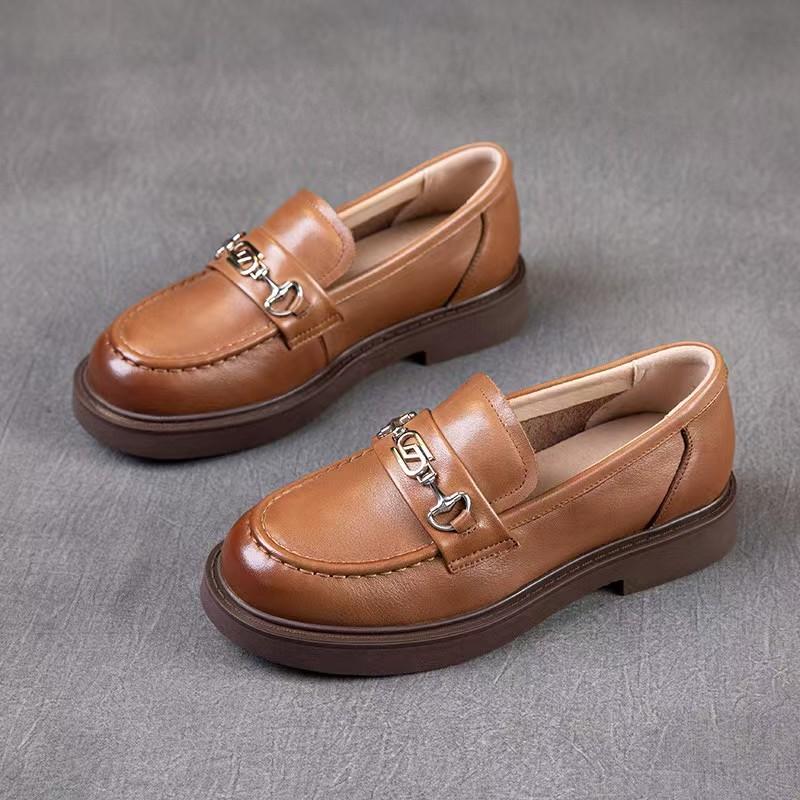 Leather retro one-pedal lazy shoes women's thick heel single shoes new small leather shoes flat bottom