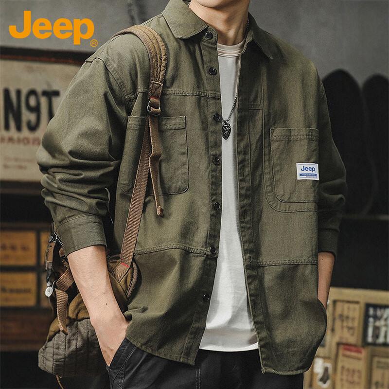 Jeep Men's Long Sleeve Shirt Autumn Winter Workwear Casual Jacket Loose Fit Deep Khaki 2XL