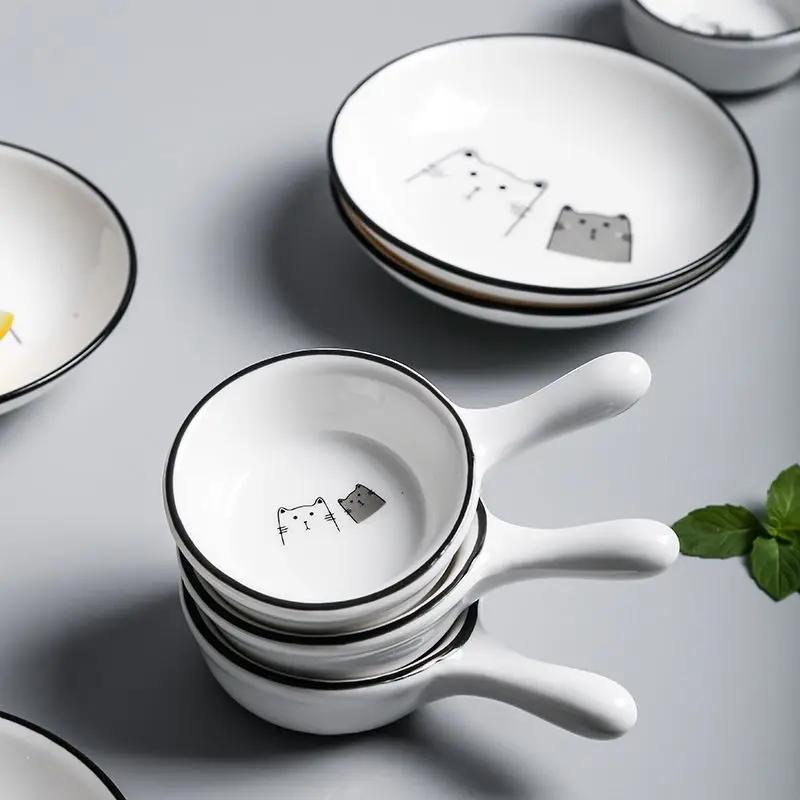 1pc Cute Cat Ceramic Seasoning Dish Creative Kitchen Small Sauce Bowl Household Dipping Plate Creative Vinegar Soy Snack Dishes