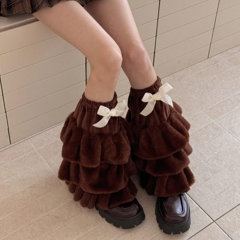 Women Plush Tiered Ruffle Leg Warmers with Bowknot Fuzzy Winter Boot Cuffs Thick Warm Furry Foot Covers Footless Socks