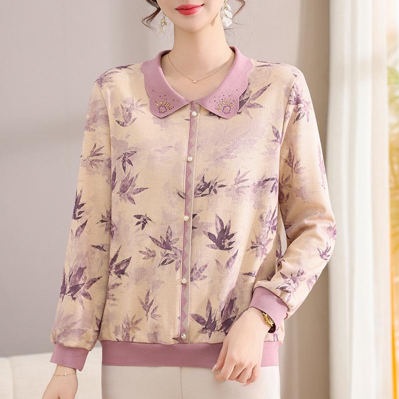 Elegant Floral Long-Sleeve T-Shirt for Middle-Aged & Elderly Women - New Chinese Style Top