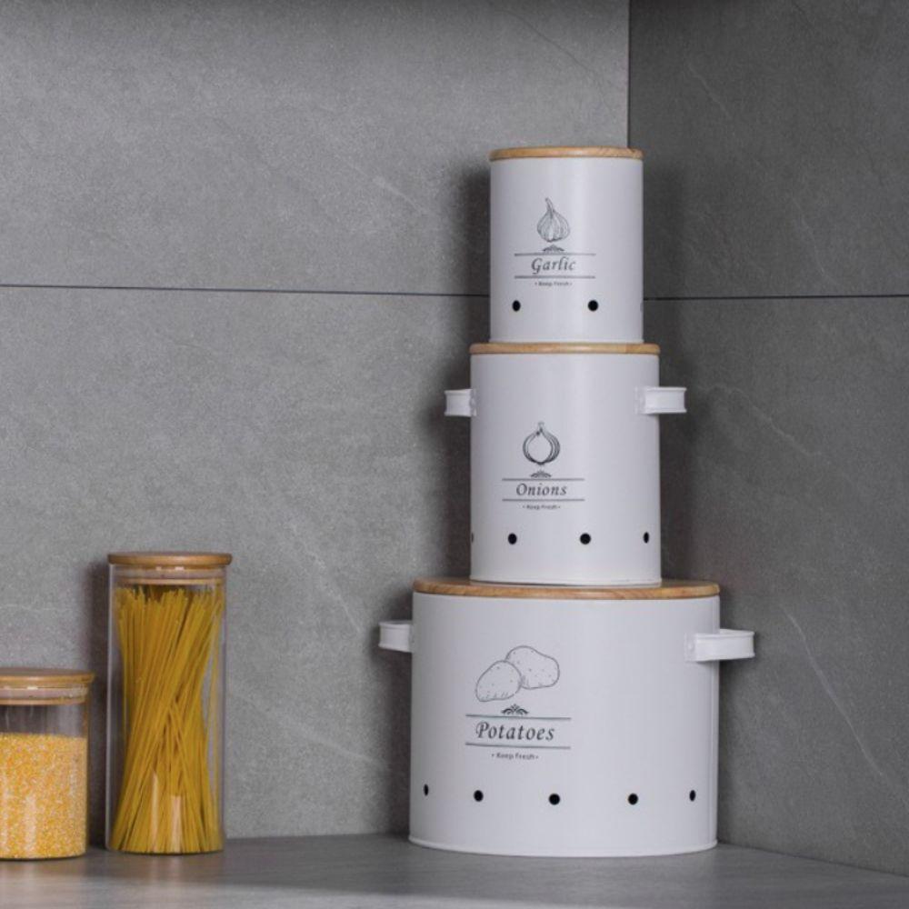 Carbon Steel Potato Onion Garlic Storage Jar with Lid Cylindrical Garlic Storage Bin White Ventilation Holes