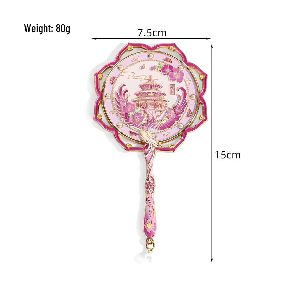 Lotus Handle Makeup Mirror with Temple of Heaven Pearl Pendant - Portable Cultural Style Mirror