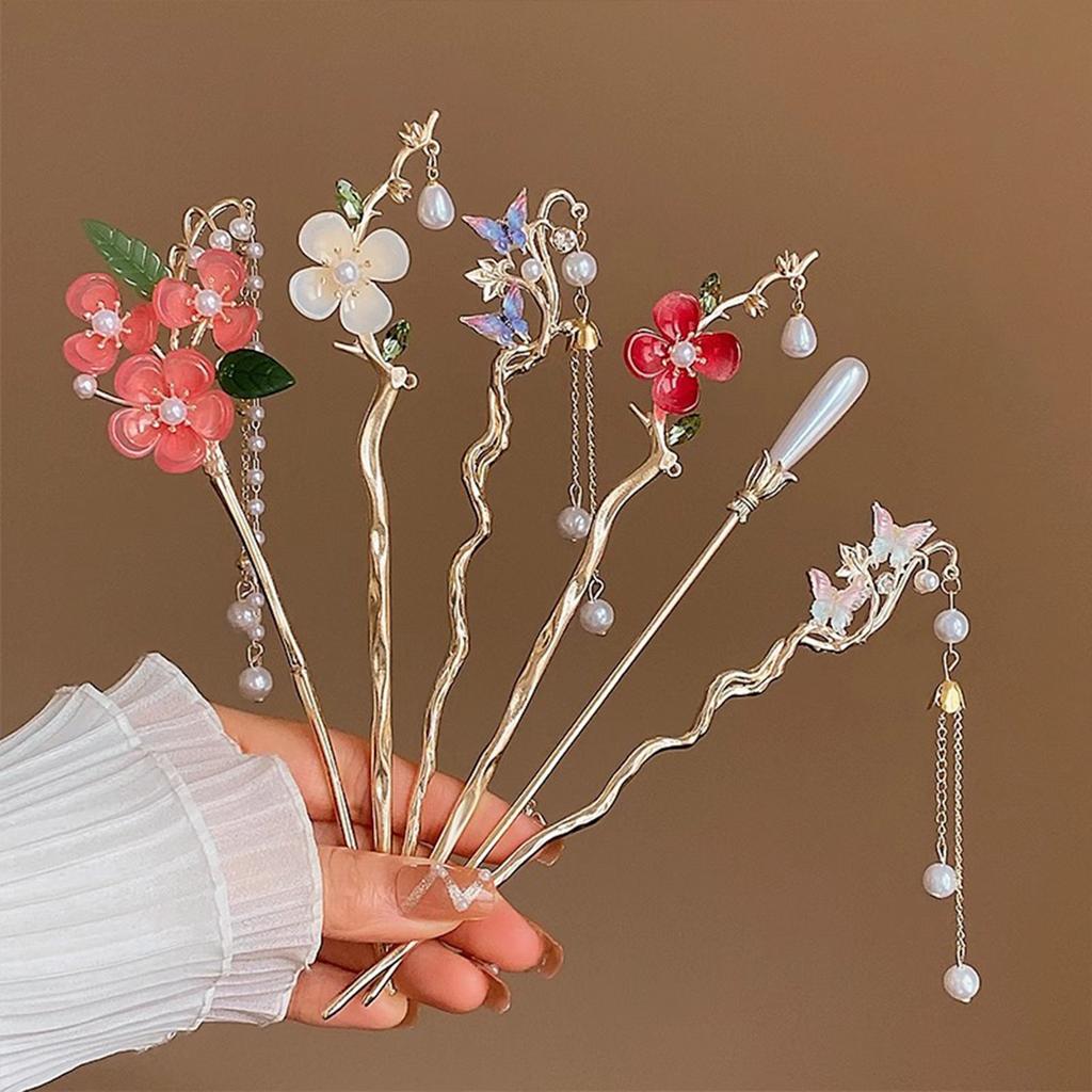 Elegant Flower Butterfly Hair Sticks Forks Ancient Chinese Chopsticks Style Hairpins Ponytail Holder Pearls Tassel Hair Jewelry