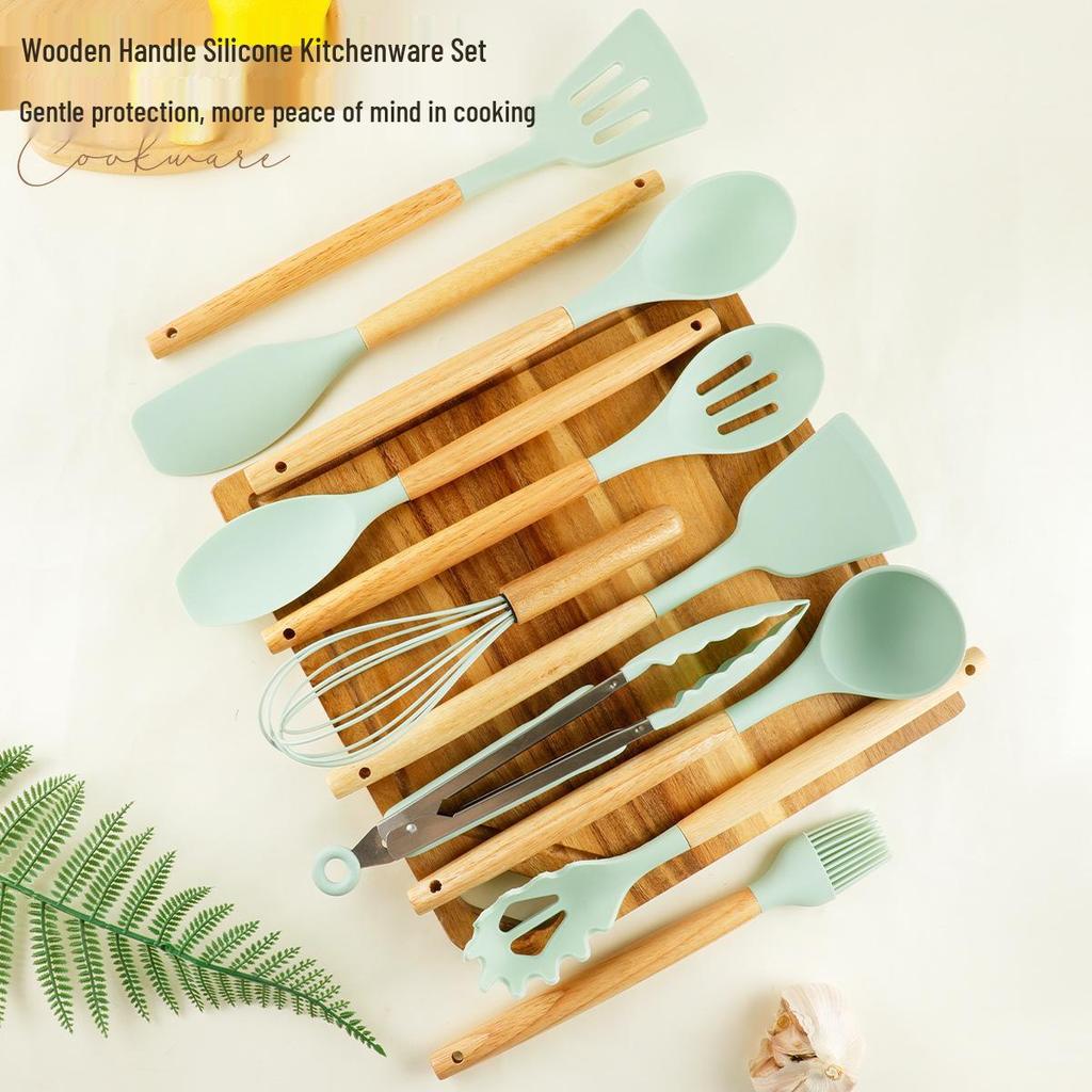 12-Piece Silicone Kitchenware Set with Wooden Handles - Non-stick and Heat Resistant Spatula & Soup Ladle