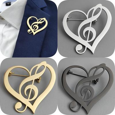 Fashion Punk Love Music Symbol Hollow Stainless Steel Gold-plated 18K Brooch, Black Suit Accessories, Wedding Matching Set