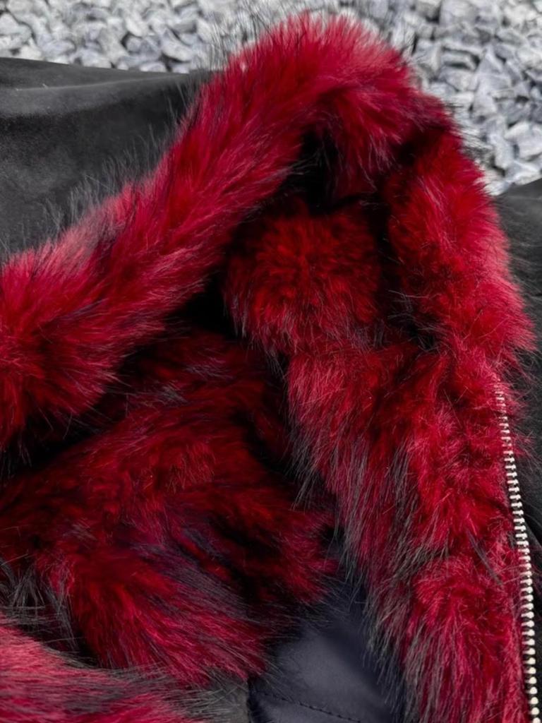 2025 Winter Weinrot Retro Kapuzenmantel mit Pelzkragen Baumwollmantel - Kurzer Reißverschluss Breite Jacke