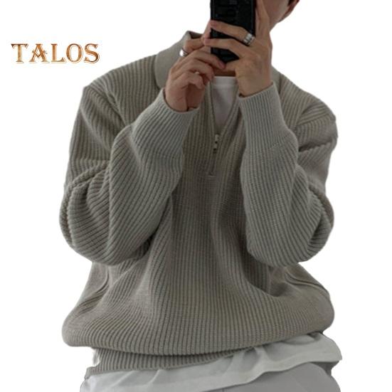 Fall Winter Men Sweater Turn-down Collar Half Zipper Long Sleeves Solid Color Loose Knitted Top Daily Wear School Work Knitwear