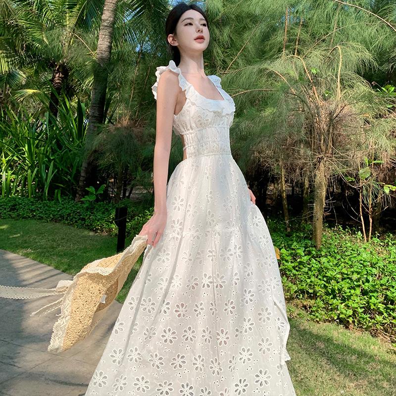 Romantic Ruffle Square Neck Embroidered White Dress Women Vacation Style Sexy Backless Lace-up Slit Fairy Long Dress
