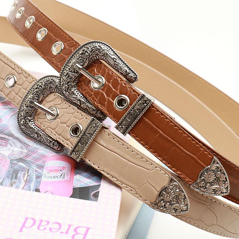 Heavy Industry Carved Alloy Three Piece Set Women's Belt Versatile Jeans Belt Retro Style Stone Patterned Belt for Women