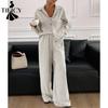 Women's Fashion Casual Spring Fall Solid Color Print Long Sleeve POLO Neck Trousers Pants Suits