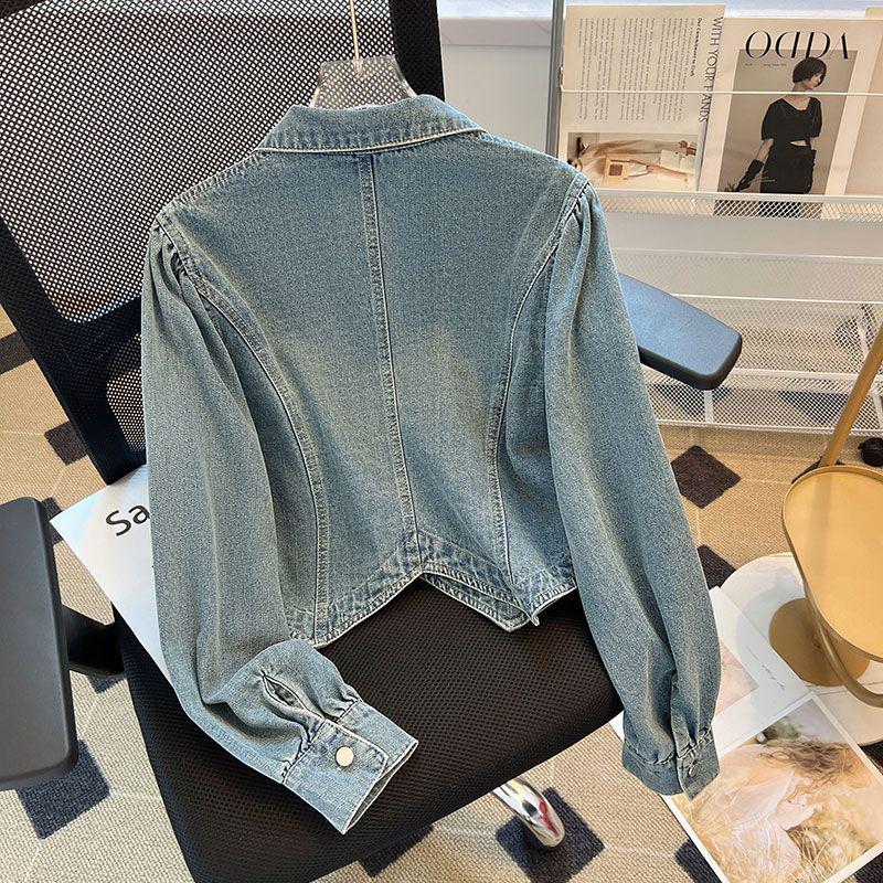 Women's Washed Retro Denim Jacket - Spring & Autumn Irregular Lapel, Long Sleeve, Short Hong Kong Style Shirt