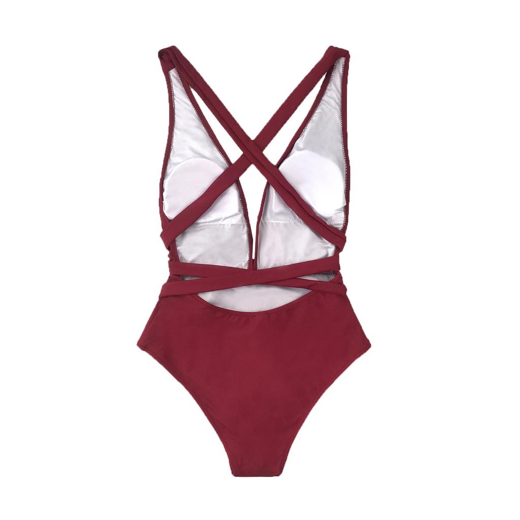Damenmode Lässiger roter einteiliger Badeanzug mit tiefem V-Ausschnitt und Riemen