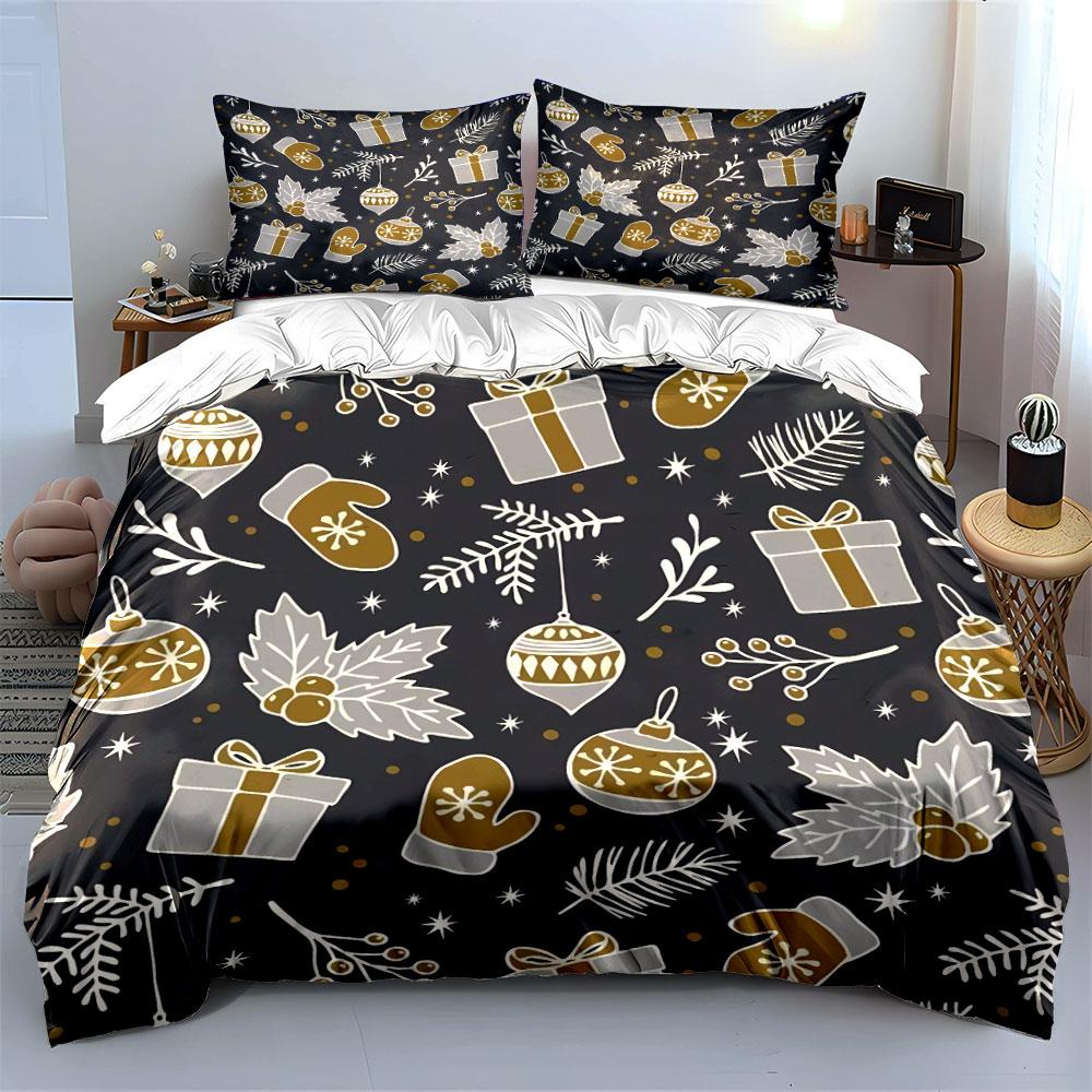 Christmas Gift and Ornament Pattern Bedding Duvet Cover Set Duvet Cover Pillowcases (1*Duvet Cover 2*Pillowcases, without duvet insert)