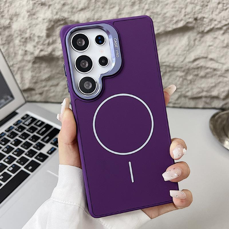 For Magsafe Magnetic Luxury Solid Color Liquid Silicone Lens Bracket Phone Case For Samsung S25 Ultra S24 Ultra Bumper Cover
