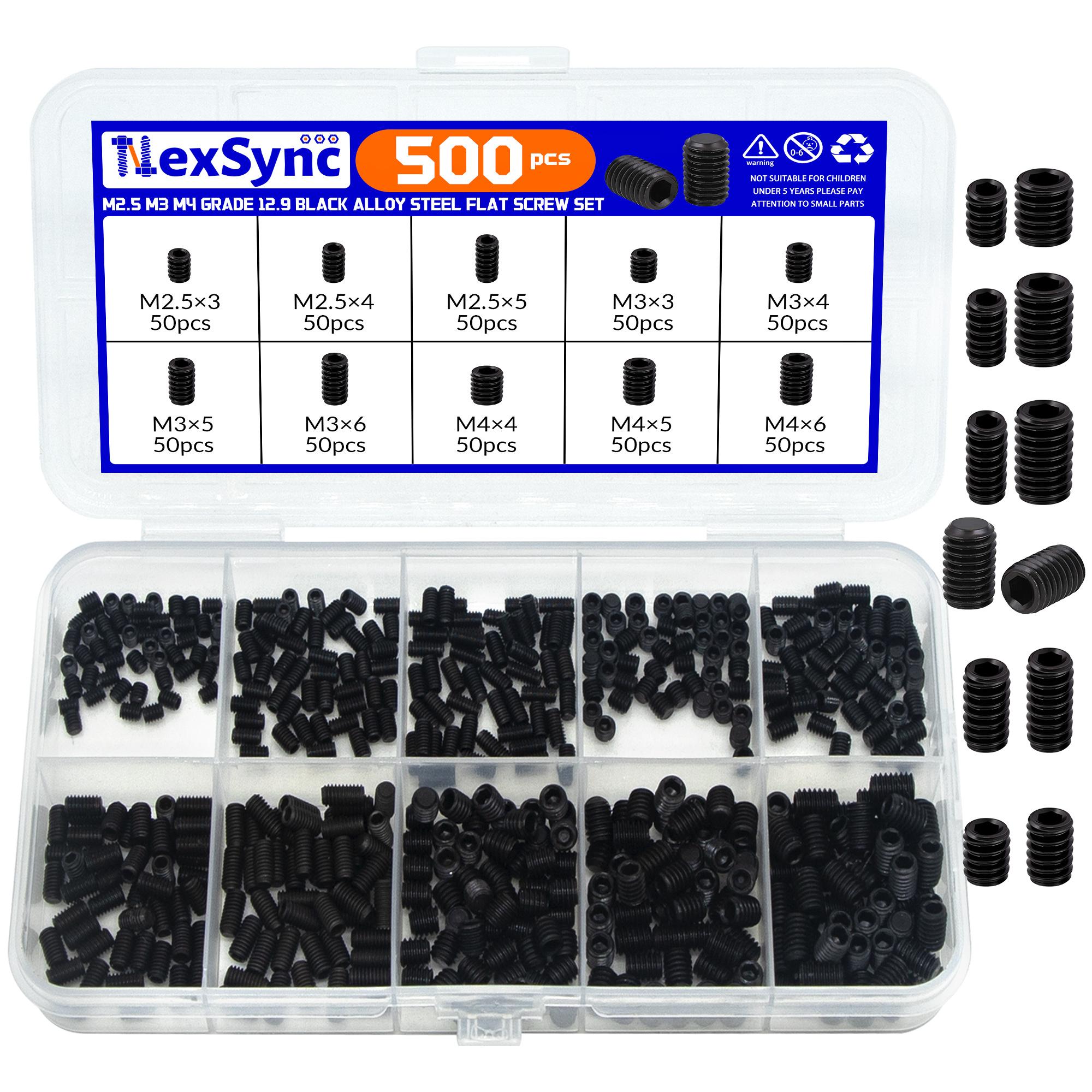

500pcs M2.5-M4 Black Hex Socket Set Screws 304 Stainless Steel DIN913 Flat Point Electronics DIY Repair Bolts Set Screw Kit Box