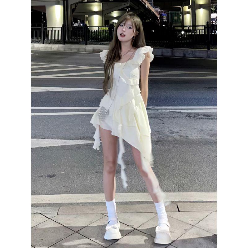 

French Tea Break Asymmetrical Ruffles Dress Women s Summer New Arrival Temperament Waist-Controlled Slimming Pure Desire First Date Skirt Apricot Dress S Suggested 40.00 kg-50.00 kg