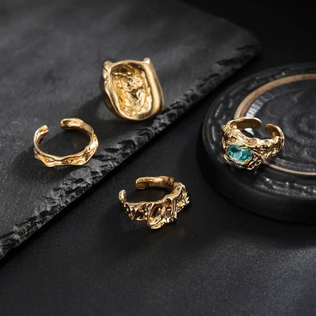 SHIXIN 4Pcs/Set Retro Gold Color Irregular Texture Metal Ring Women Men Exquisite Acrylic Rhinestone Open Wide Ring Jewelry Gift