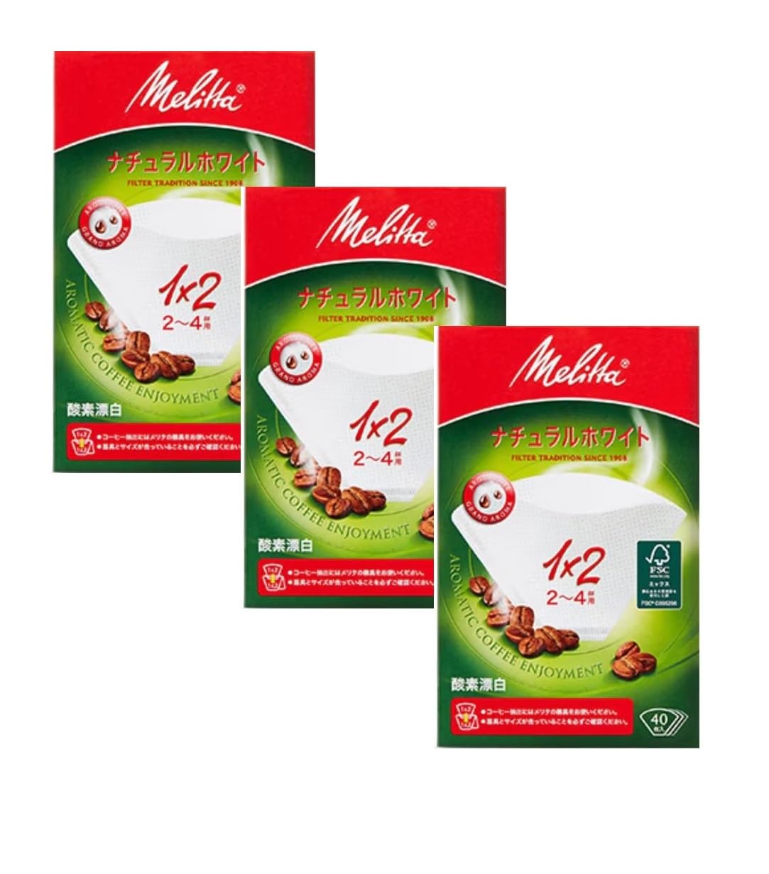 

(3-Box Set) Melitta Paper Filters 1x2 (2-4 Cups) 40 Filters, Natural White, Aroma Hole, FSC Mix