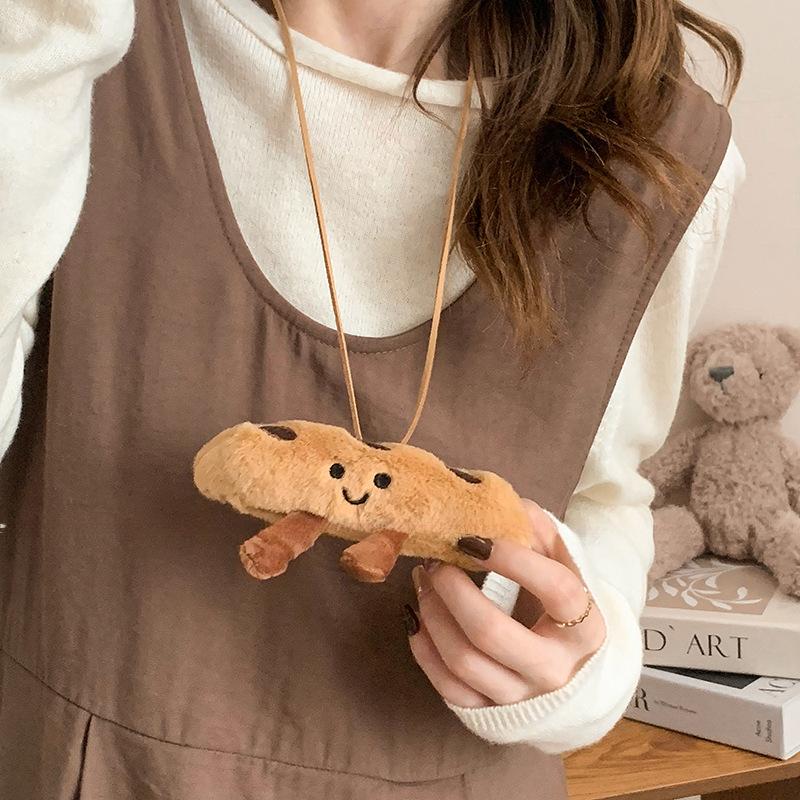 Plush croissant smiley face leather necklace cute bread sweater chain fashion personality design sense necklace women