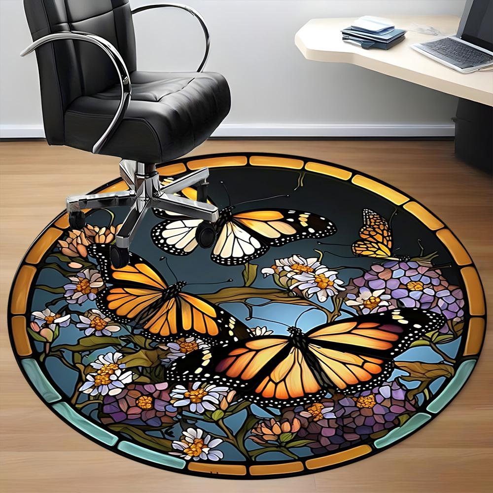 1pc Butterfly Stained Glass Chair Carpet for Office, Round Polyester Mat, Indoor Decor for Office, Washable Non-slip Carpet yy251219136