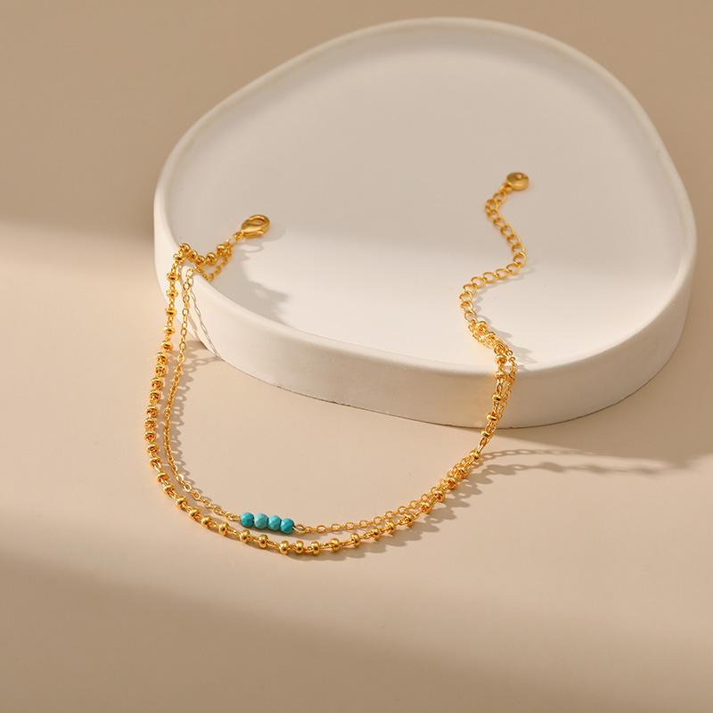 Gold Plated Double Layer Beaded Chain with Turquoise Accent Anklet