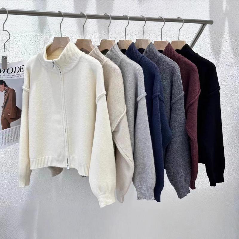 Autumn and winter new simple style loose and thin sweater jacket women lazy double zipper stand-up collar knitted cardigan women