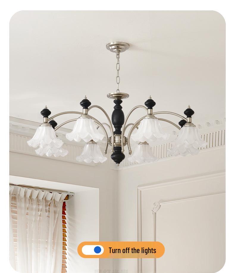 Mid-Century Cream Flower Chandelier with Solid Wood and French Retro Design