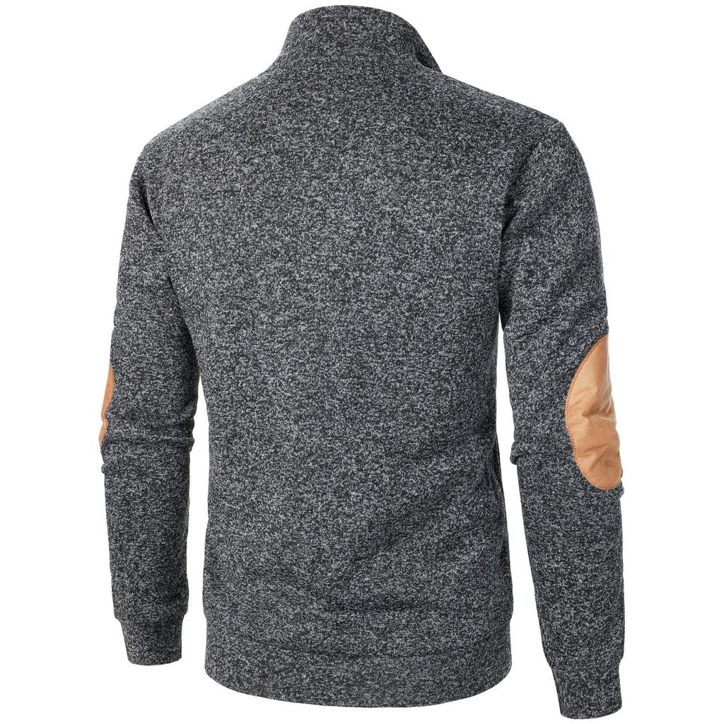 Men's Stand Collar Sweatshirt Jacket Knit Elbow Patch Casual Jacquard Cardigan Hoodie