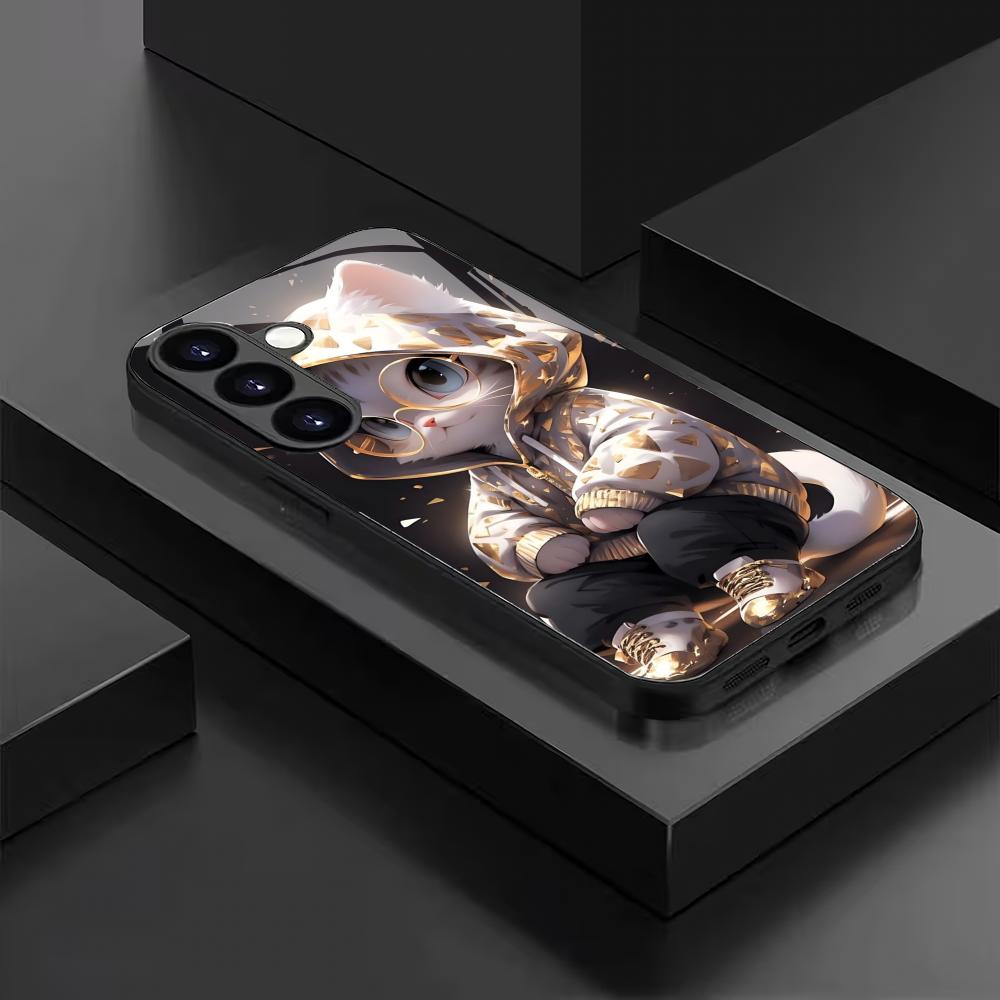 Cool cat tempered glass phone case suitable for Samsung Galaxy S26 S25 S24 S23 S22 S20 FE/Ultra/Plus anti drop back cover