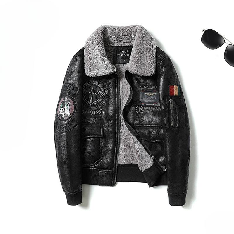 

Men s Clothing Plus Size Motorcycle Clothing Fur Integrated American Retro Lapels Fleece-lined Flight Suit Leather Coat 5XL