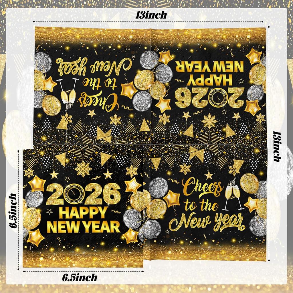 40Pcs New Years Eve Napk - Happy New Year Decorations 2026 Black Gold New Years Party Napk Cheers to the Table Decorations for 2026 New Year Party