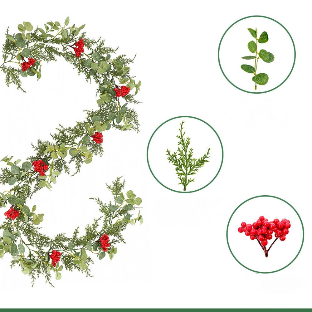 Festive Decoration with Simulated Green Plants, Pine Needles, Christmas Ornaments, Wreaths, Indoor Decoration with Simulated Rattan