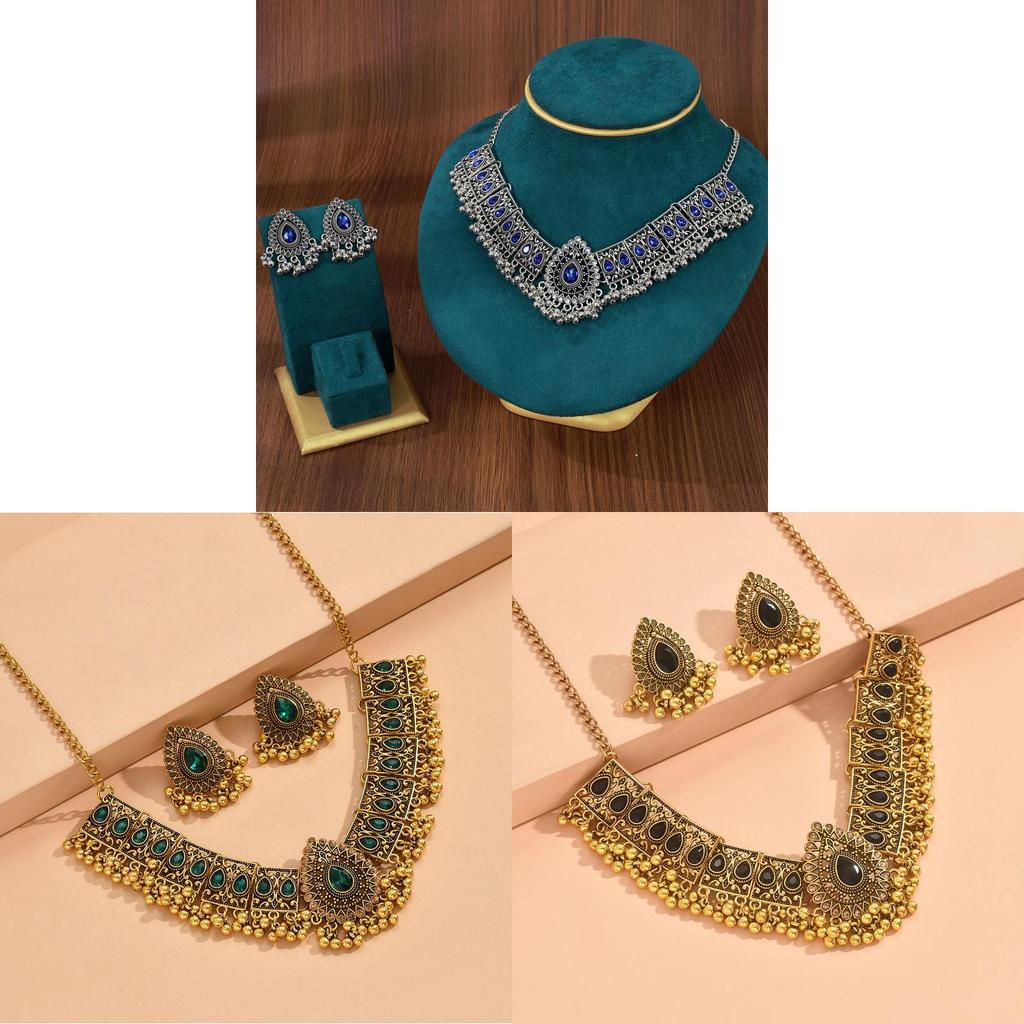 Water Drop Pendant Necklace And Earrings Set With Rhinestones For Women