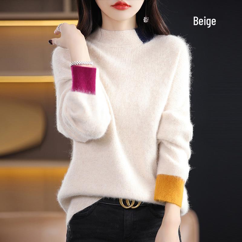 2024 Autumn/Winter Women's Color Block Mink Velvet Half-High Collar Sweater - Short, Loose, Thickened Wool Knit Base Layer.