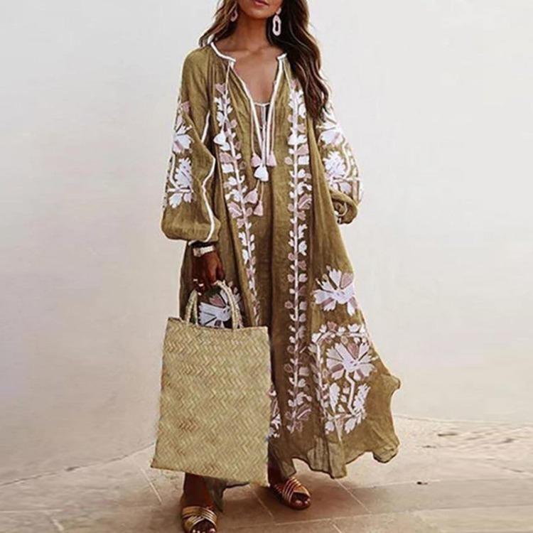 Fashion Casual Bohemian Long Sleeve V Neck Dress Women Long Dresses