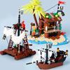 MOC Mittelalterliche Piratenbar Modellbausteine Set Papagei Blockhütte Inselhaus Lagerfeuer Baum Segelboot Schiff Steine Spielzeug Geschenk